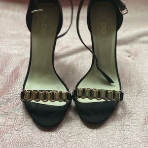 Aldo Black Suede Genuine Leather Open Toe Heels with Gold Chain . Gentle Used .